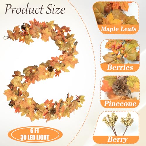 Ghrdopy 6 Ft Artificial Fall Garland with Lights - Autumn Maple Leaf f Thanksgiving Decor Hanging Vine Autumn Foliage Garland Used for Home Wedding Party Decor - Image 5