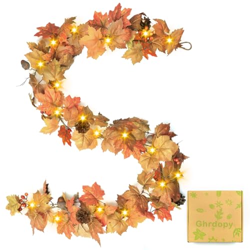 Ghrdopy 6 Ft Artificial Fall Garland with Lights - Autumn Maple Leaf f Thanksgiving Decor Hanging Vine Autumn Foliage Garland Used for Home Wedding Party Decor - Image 1