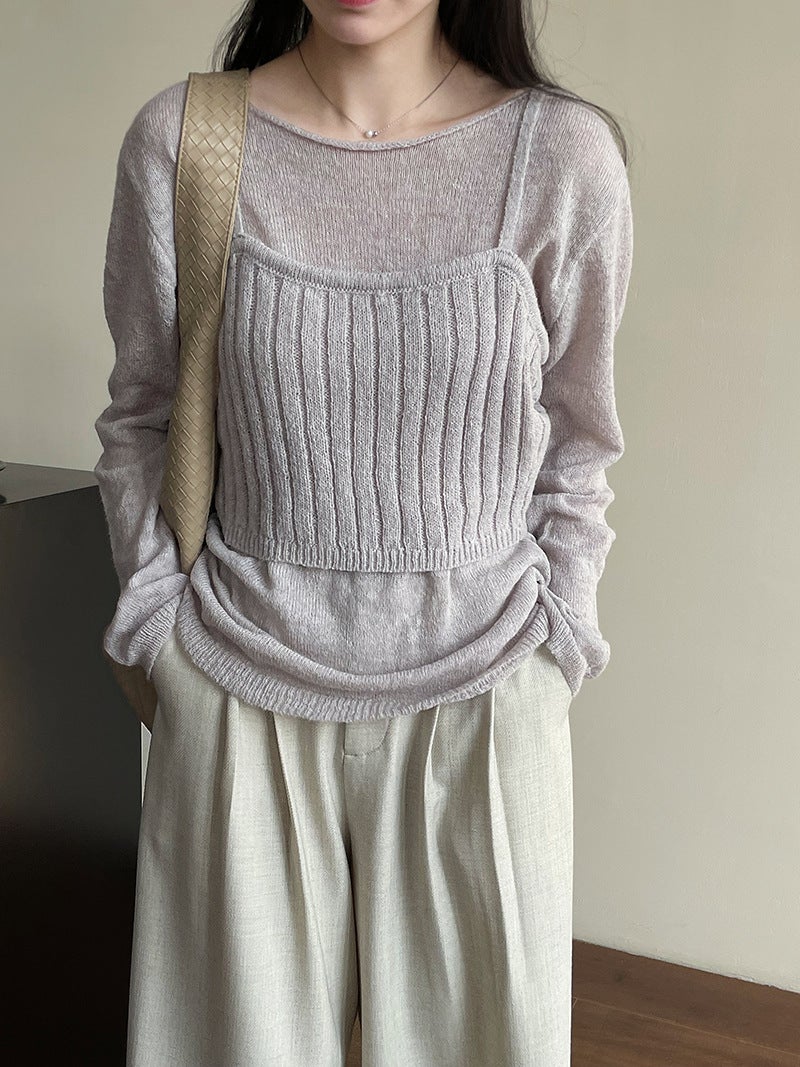 Takagawa Korean Pullover Knitwear All-match Back Lace-up Vest suit Women 25 Spring XS5501 Fog gray purple 