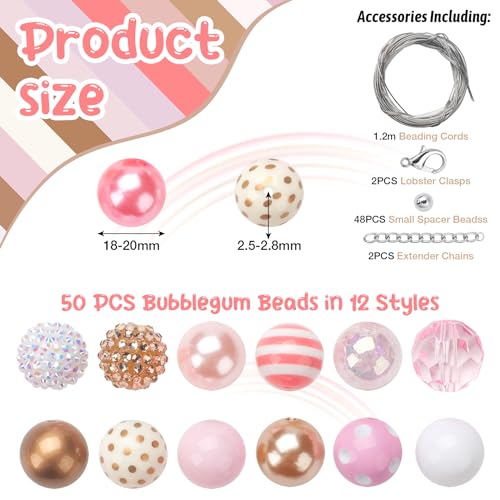 Jeacksy 20mm Bubblegum Beads for Adult Crafts Making, 50 PCS Beads Bulk Mix, Colorful Chunk Bubble Gum Bead with Round Spacers, Extender Chains, Beading Cord for DIY Bag Chain Crafts Bracelets Necklaces - Image 2