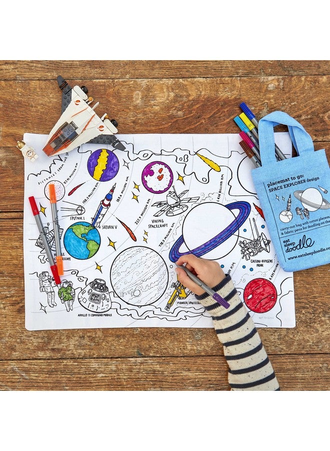 eatsleepdoodle Space Planets And Spacecraft Cotton Placemat To Colorin Educational Solar System Coloring Placemat Washable Felt Tip Fabric Markers Included - Image 1