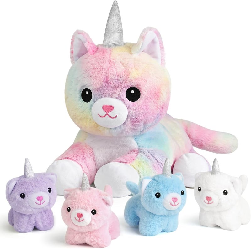 KMUYSL Toys for Ages 0 1 2 3 4 5 6 7 8+ Years - Plush Mommy Stuffed Animal with 4 Babies in Her Tummy, Soft Plush Toys Set, Christmas Birthday Gifts for Girls Boys, Toddler, Kids (Unicorn Cat Toys) - Image 1