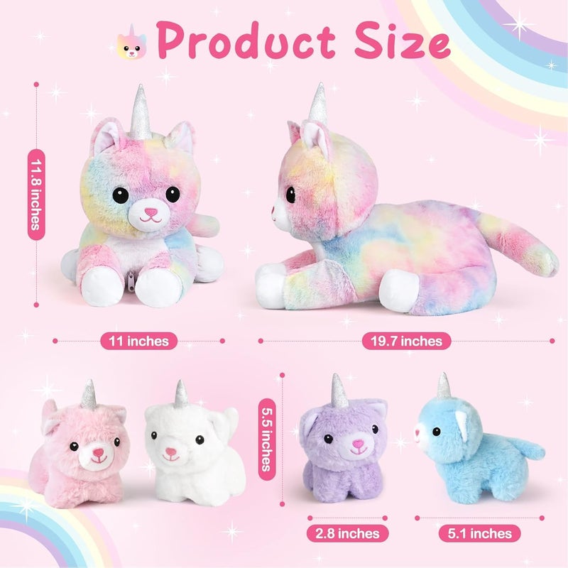 KMUYSL Toys for Ages 0 1 2 3 4 5 6 7 8+ Years - Plush Mommy Stuffed Animal with 4 Babies in Her Tummy, Soft Plush Toys Set, Christmas Birthday Gifts for Girls Boys, Toddler, Kids (Unicorn Cat Toys) - Image 3