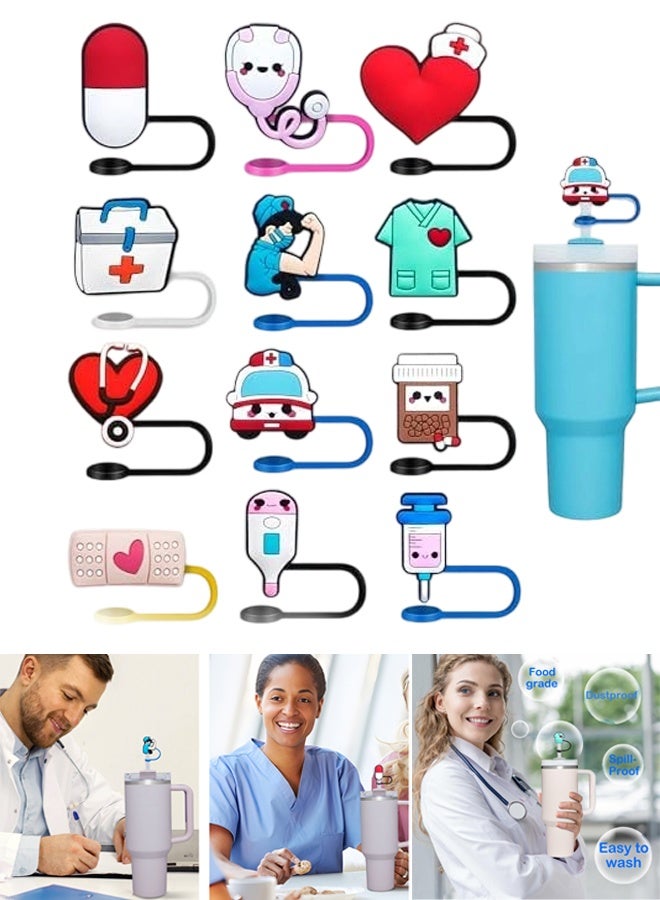 12 Pcs Nurse Medical Themed Silicone Straw Covers, Cartoon Straw Toppers Fit 10mm Reusable Straws, Compatible with Stanley 30&40 Oz Tumbler, Nurse Week Appreciation Gifts - Image 1