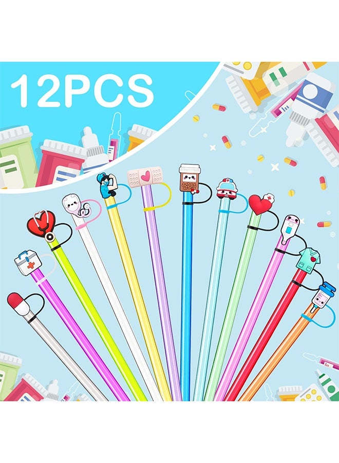 12 Pcs Nurse Medical Themed Silicone Straw Covers, Cartoon Straw Toppers Fit 10mm Reusable Straws, Compatible with Stanley 30&40 Oz Tumbler, Nurse Week Appreciation Gifts - Image 2