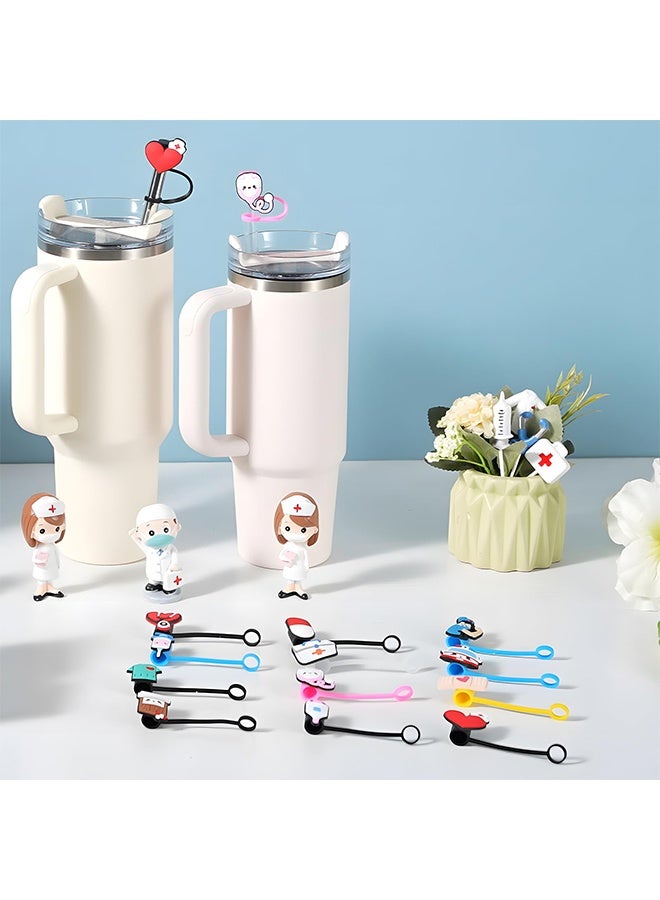 12 Pcs Nurse Medical Themed Silicone Straw Covers, Cartoon Straw Toppers Fit 10mm Reusable Straws, Compatible with Stanley 30&40 Oz Tumbler, Nurse Week Appreciation Gifts - Image 4