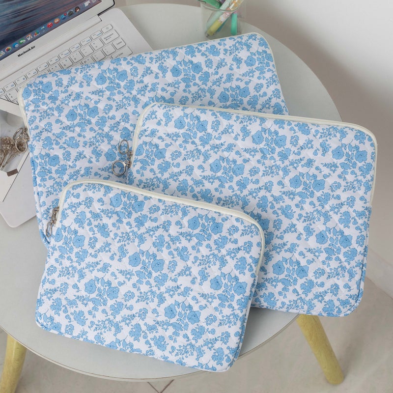 Cross-border South Korea love floral tablet computer liner bag storage bag 11 inch 13 inch 15 inch computer protective cover blue flowers on white background