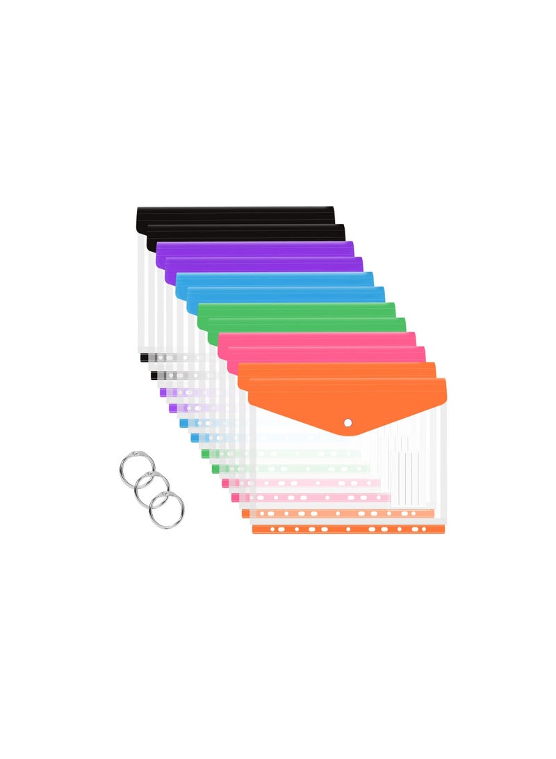 SYOSI Expandable Binder Pocket, 12 Packs A4 Clear Plastic Envelopes, with 11 Holes,  for Ring Binder Folder, Snap Button and Lable Poly Envelopes Plastic Envelopes, for Home Work Office Organization - Image 1