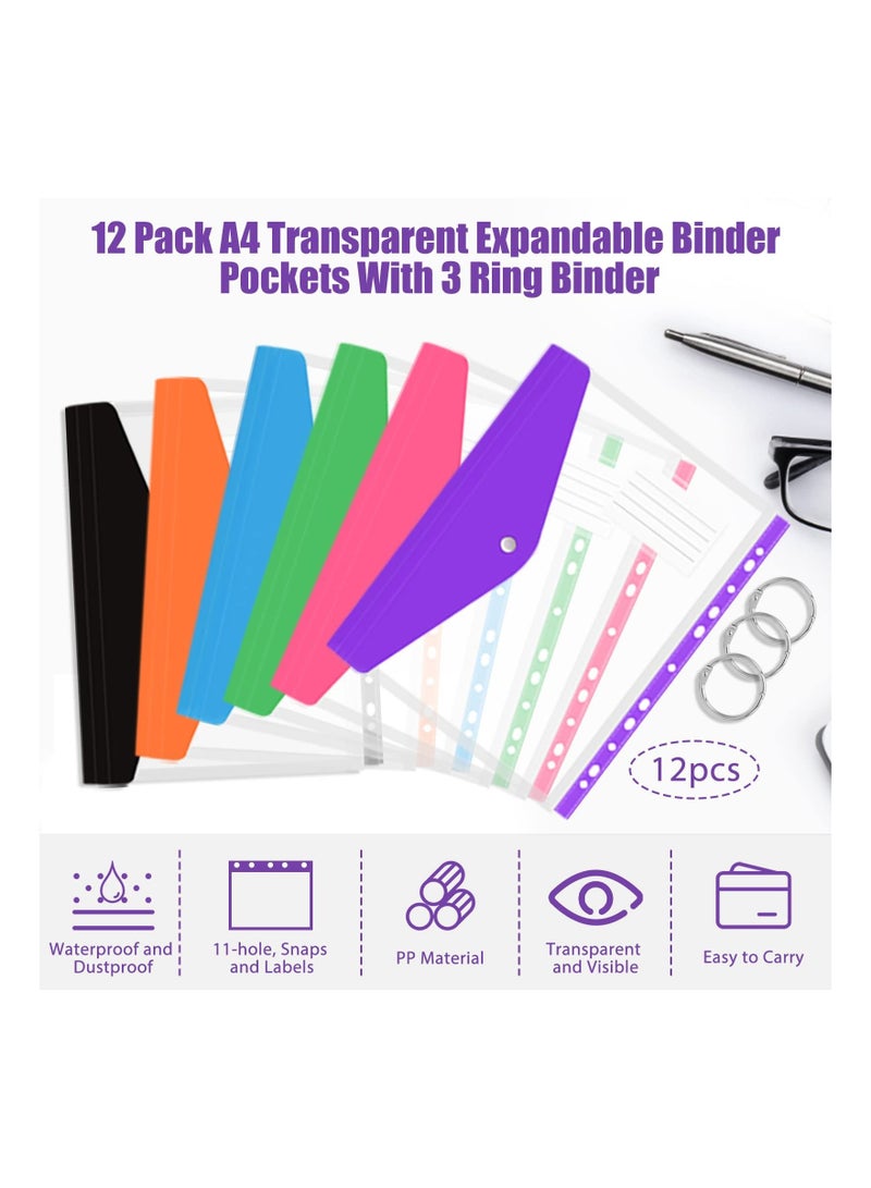 SYOSI Expandable Binder Pocket, 12 Packs A4 Clear Plastic Envelopes, with 11 Holes,  for Ring Binder Folder, Snap Button and Lable Poly Envelopes Plastic Envelopes, for Home Work Office Organization - Image 5