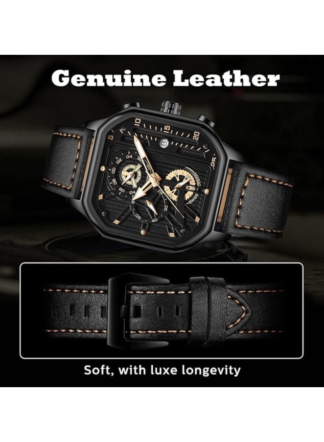 general Men's Watches, Waterproof Luxury Chronograph Fashion Business Watches Quartz Analogue Black Leather Strap Watches for Men - Image 4