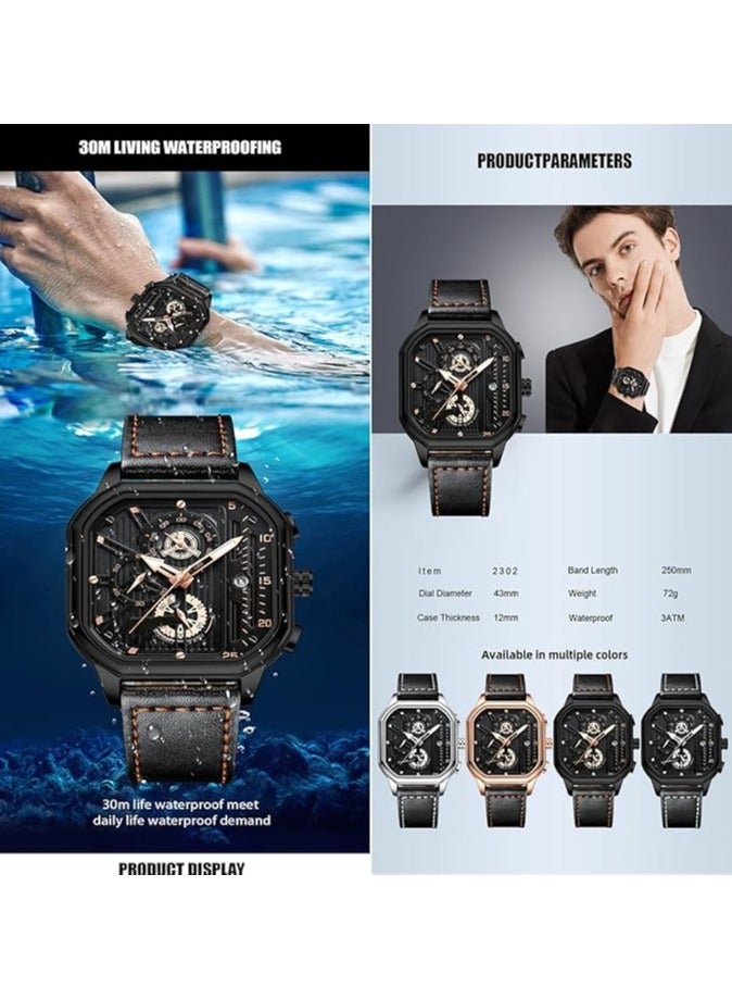 general Men's Watches, Waterproof Luxury Chronograph Fashion Business Watches Quartz Analogue Black Leather Strap Watches for Men - Image 3