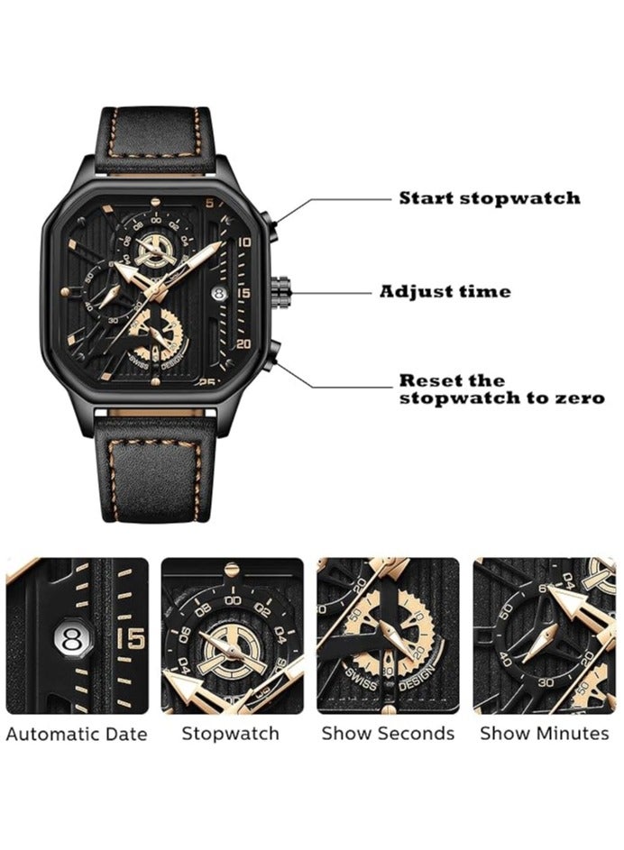 general Men's Watches, Waterproof Luxury Chronograph Fashion Business Watches Quartz Analogue Black Leather Strap Watches for Men - Image 5