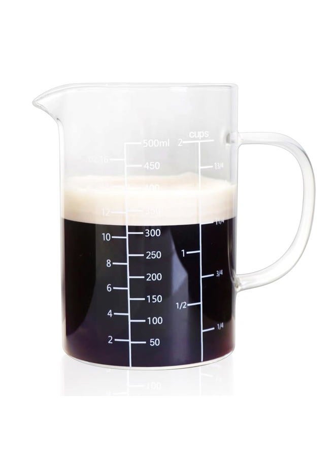 Casavibe Glass Measuring Cup with Handle, 500 ML High Borosilicate Glass Three Scales (OZ, Cup, ML/CC) easuring Beaker for Kitchen or Restaurant, V-Shaped Spout Glass Measuring Beaker, Easy To Read - Image 1