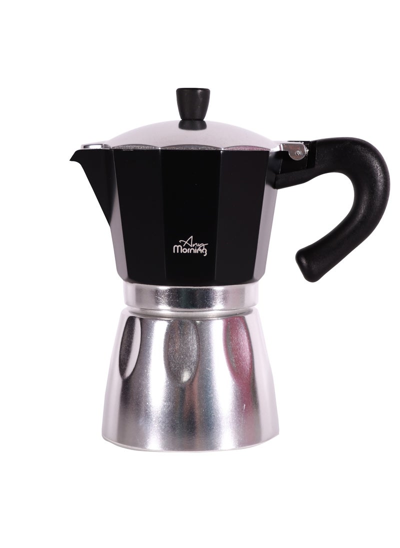 Any Morning Stovetop Espresso Coffee Maker 240ml, Italian Coffee Maker, Iconic Aluminum Moka Pot for Americano, Latte, Cappucino, Percolator Coffee Pot for Camping, 6 Cups, 8 oz, Black - HES-6  - Image 1