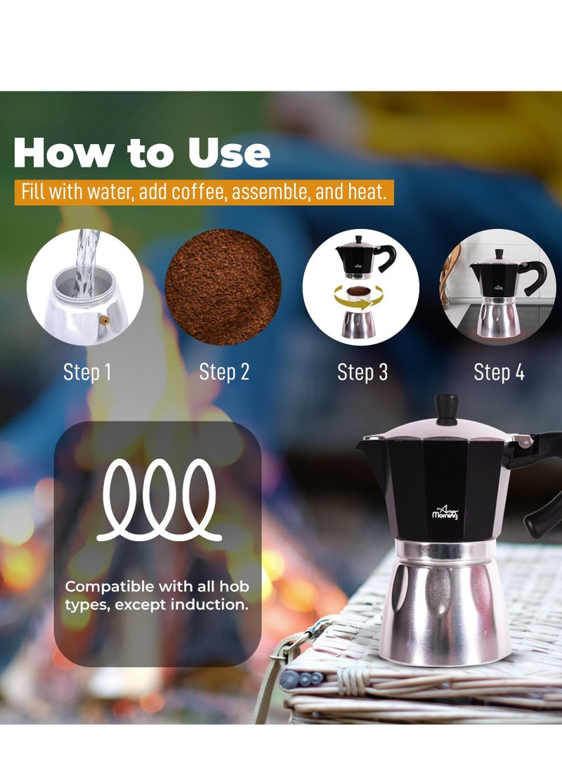 Any Morning Stovetop Espresso Coffee Maker 240ml, Italian Coffee Maker, Iconic Aluminum Moka Pot for Americano, Latte, Cappucino, Percolator Coffee Pot for Camping, 6 Cups, 8 oz, Black - HES-6  - Image 4