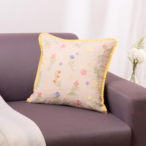 haus & kinder Decorative Embroidered Cushion Cover Set of 1, Cotton Throw Cushion Cover for Sofa, Couch & Living Room, Soft Breathable Square Cushion Case 16x16 Inch Accent Pillow Cover - Image 1