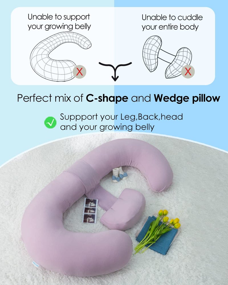 QUEEN ROSE Cooling Pregnancy Pillows,E Shaped Full Body Pillow for Sleeping, with Pregnancy Wedge Pillow for Belly Support, 60 Inch Maternity Pillow for Side Sleeper, Cooling Rayon Cover, Purple - Image 4