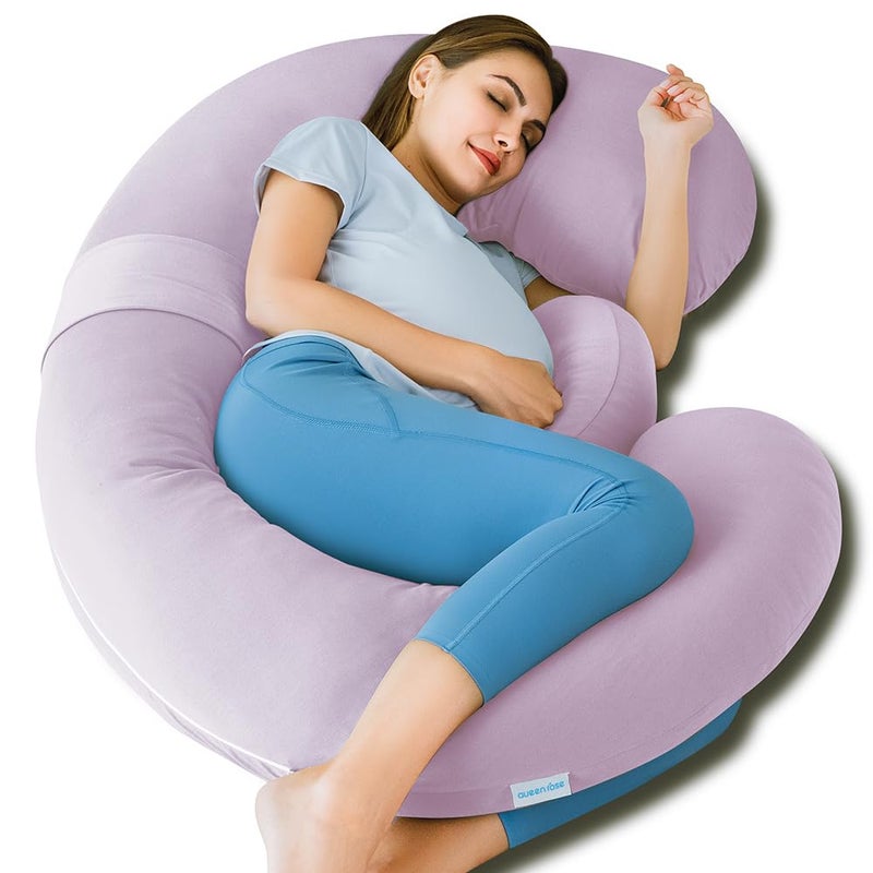 QUEEN ROSE Cooling Pregnancy Pillows,E Shaped Full Body Pillow for Sleeping, with Pregnancy Wedge Pillow for Belly Support, 60 Inch Maternity Pillow for Side Sleeper, Cooling Rayon Cover, Purple - Image 1