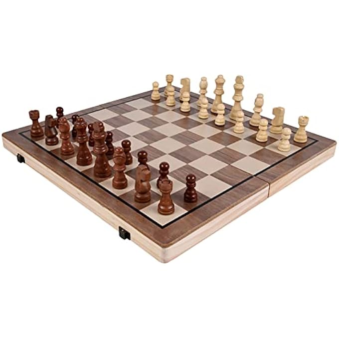 YelaJoy Chess Sets Magnetic Wooden 2 in 1 Chess and Checkers Set 2 Extra Queens Folding Board Handmade Portable Travel Chess Board Game Sets with Game Pieces Storage Slots - Image 5