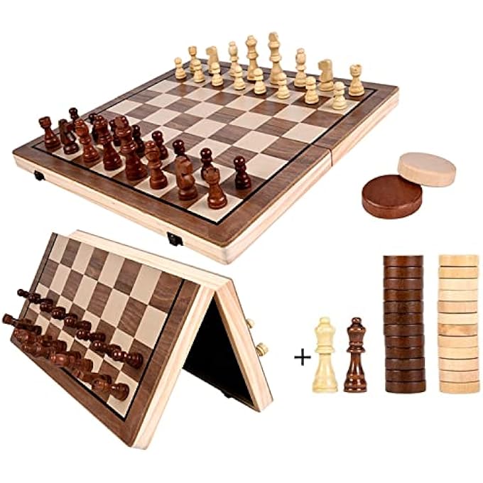YelaJoy Chess Sets Magnetic Wooden 2 in 1 Chess and Checkers Set 2 Extra Queens Folding Board Handmade Portable Travel Chess Board Game Sets with Game Pieces Storage Slots - Image 1