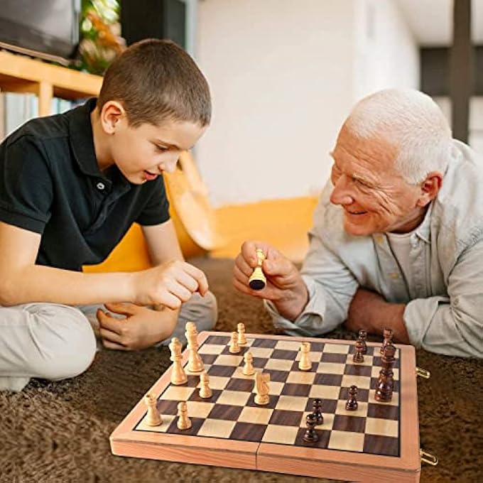YelaJoy Chess Sets Magnetic Wooden 2 in 1 Chess and Checkers Set 2 Extra Queens Folding Board Handmade Portable Travel Chess Board Game Sets with Game Pieces Storage Slots - Image 2