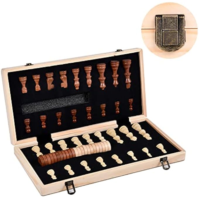YelaJoy Chess Sets Magnetic Wooden 2 in 1 Chess and Checkers Set 2 Extra Queens Folding Board Handmade Portable Travel Chess Board Game Sets with Game Pieces Storage Slots - Image 4