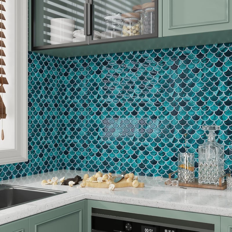 CRE8TIVE 4 Sheets Teal Green Fish Scale Peel and Stick Backsplash for Kitchen Bathroom Tiles Peel and Stick Waterproof Shower Tile Adhesive Backsplash Shell Stick on Wall Tile for Laundry Room 12"x12" - Image 5
