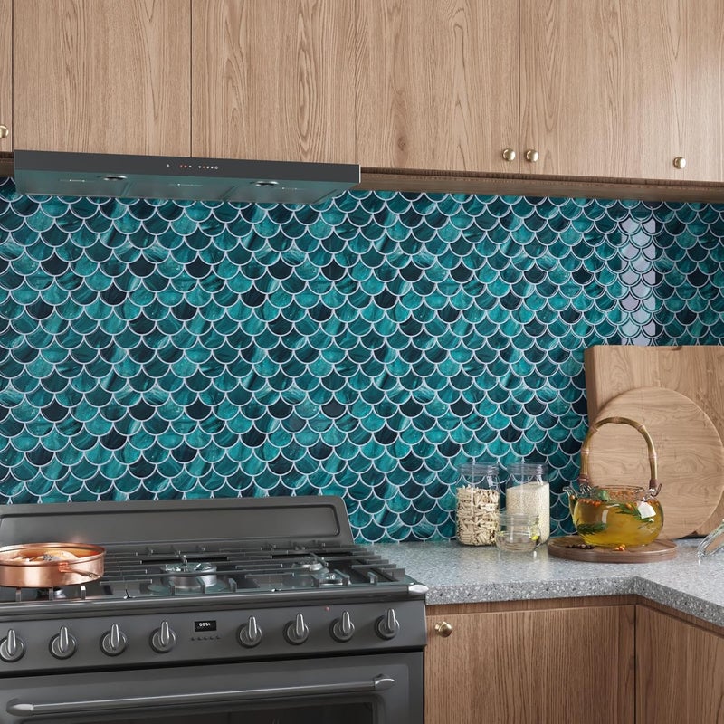 CRE8TIVE 4 Sheets Teal Green Fish Scale Peel and Stick Backsplash for Kitchen Bathroom Tiles Peel and Stick Waterproof Shower Tile Adhesive Backsplash Shell Stick on Wall Tile for Laundry Room 12"x12" - Image 3