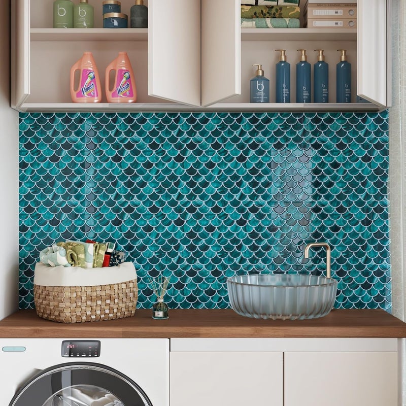 CRE8TIVE 4 Sheets Teal Green Fish Scale Peel and Stick Backsplash for Kitchen Bathroom Tiles Peel and Stick Waterproof Shower Tile Adhesive Backsplash Shell Stick on Wall Tile for Laundry Room 12"x12" - Image 4
