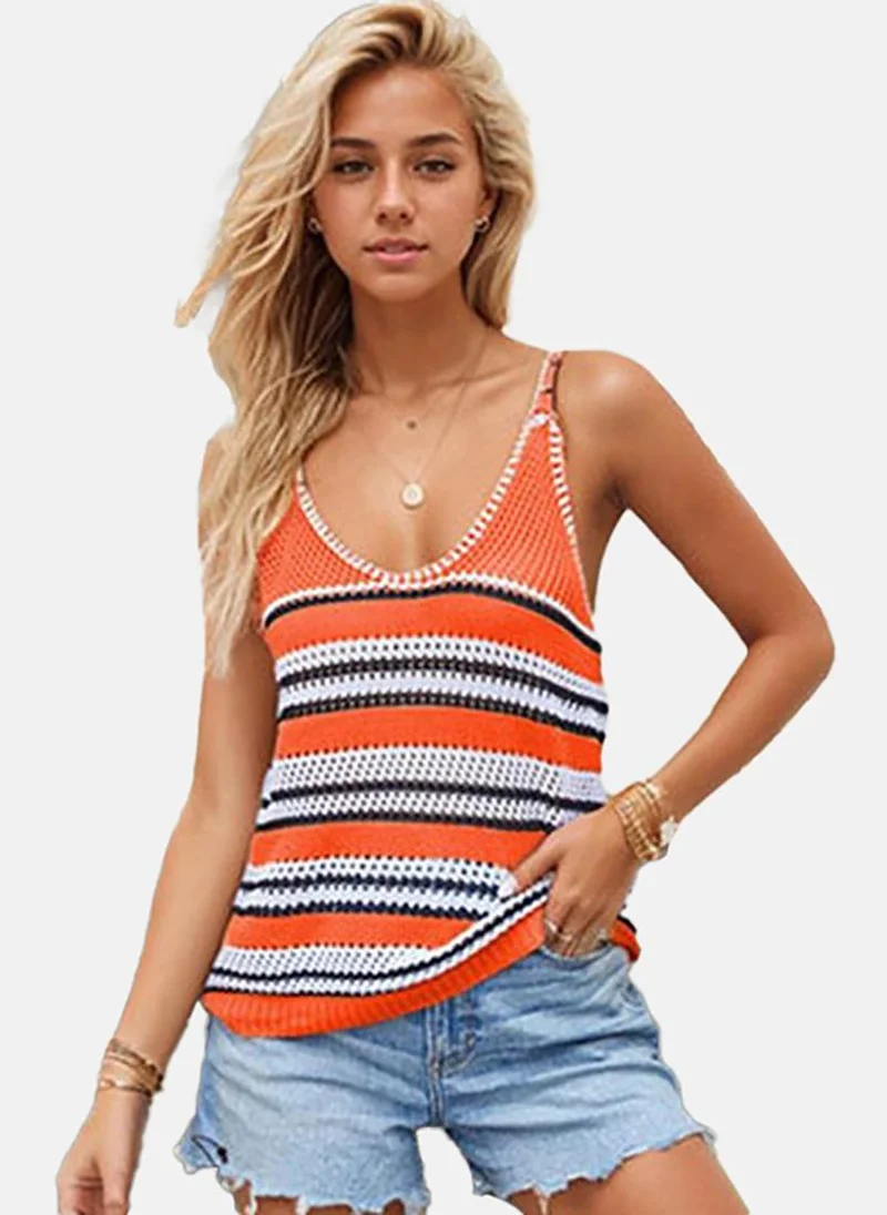 YUNIQEE Women V-neck Striped Sleeveless Top