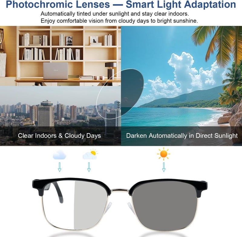 AI Smart Glasses Bluetooth Audio Glasses Sunglasses with Photochromic Lenses, Translation, Music, Calls, Voice Assistant, Open-Ear Stereo Speakers, Blue Light Filter & UV Protection Men Women(Gold) - Image 3