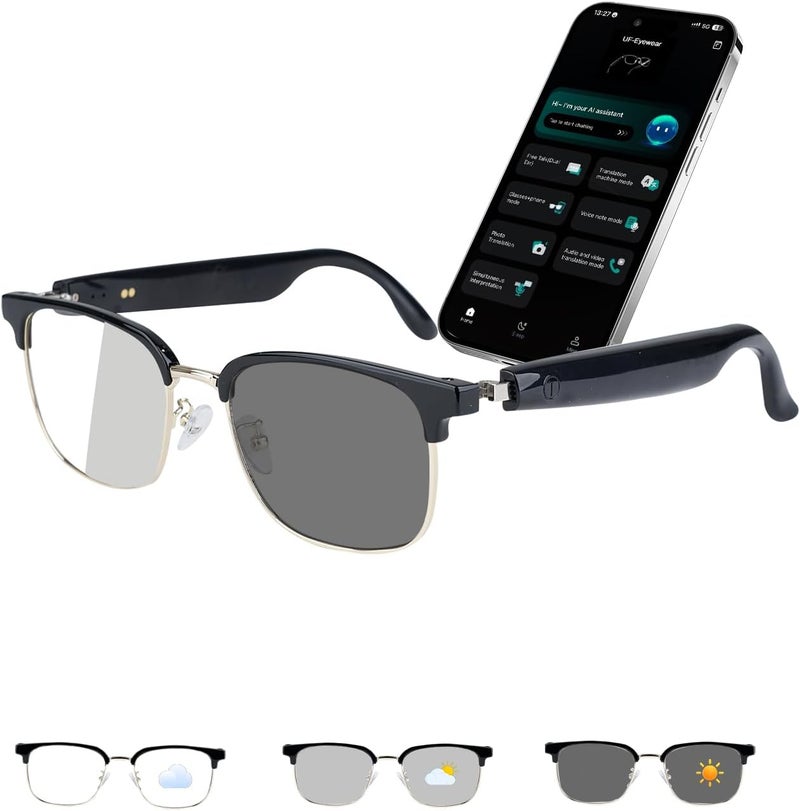 AI Smart Glasses Bluetooth Audio Glasses Sunglasses with Photochromic Lenses, Translation, Music, Calls, Voice Assistant, Open-Ear Stereo Speakers, Blue Light Filter & UV Protection Men Women(Gold) - Image 1