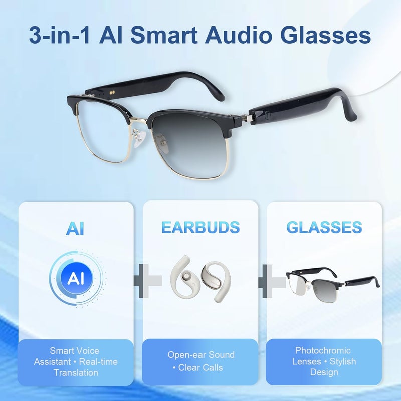 AI Smart Glasses Bluetooth Audio Glasses Sunglasses with Photochromic Lenses, Translation, Music, Calls, Voice Assistant, Open-Ear Stereo Speakers, Blue Light Filter & UV Protection Men Women(Gold) - Image 4