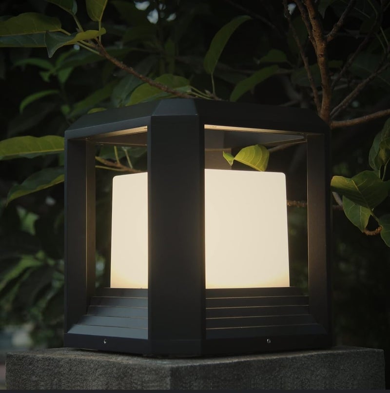 BLISSBELLS Square Pillar Light Gate Lamp Metal Acrylic Lantern Post Waterproof Gate Light Lamp Outdoor Light Pack of 1 Black Warm White - Image 1