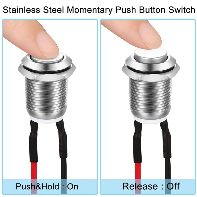 Gebildet 5pcs 12mm 2A 12V/24V/125V/250V AC Prewired Waterproof Push Button Momentary Stainless Steel Push Button On Off (High Head) - Image 2