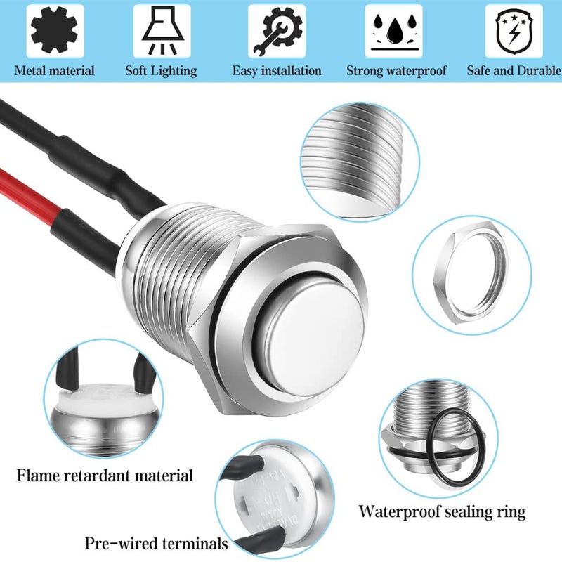 Gebildet 5pcs 12mm 2A 12V/24V/125V/250V AC Prewired Waterproof Push Button Momentary Stainless Steel Push Button On Off (High Head) - Image 4