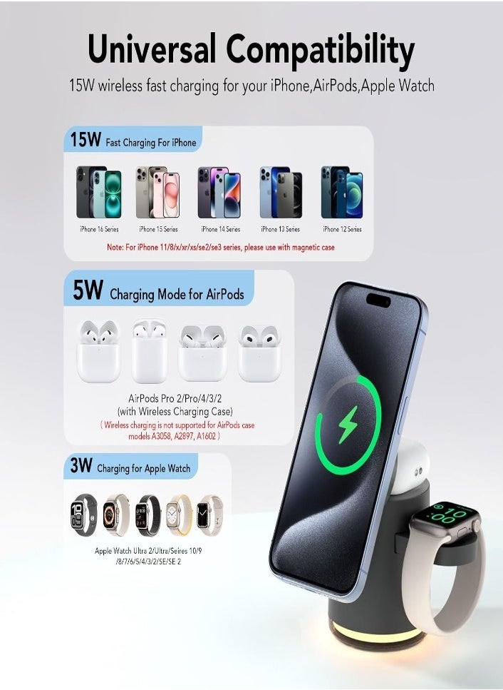 XVersion 4 in 1 Wireless Fast Induction Charger Station, 15W Qi Multi-Device Charger Stand Stations for Apple iPhone 15/14/13/12/Air pods/iWatch - Black  - Image 4