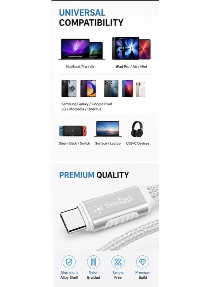 نيو لينك neolink USB 3.0 100W 5A كابل شحن سريع من النوع C إلى النوع C، كابل شاحن USB مضفر من النايلون من النوع C متوافق مع Samsung Galaxy Note 20/10/10+/9/8، S10 S10E، S20 S9 S8 Plus - Image 4