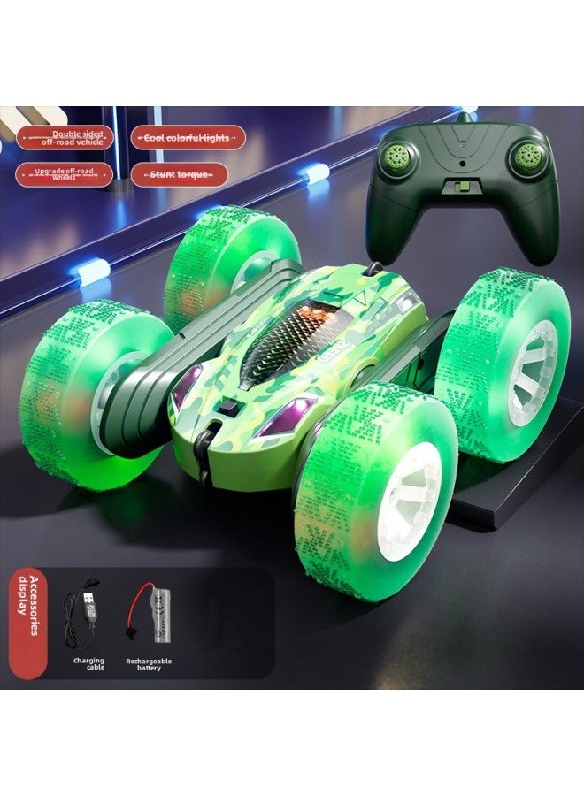 Boy Remote Control Car Children's Off-road Vehicle Cool Double-sided Rollover Stunt Car Four-wheel Drive Toy Car-Color:Green [light Version] - Image 1