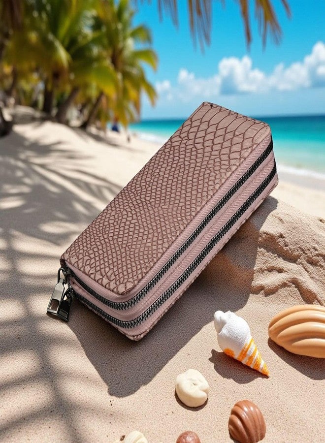 ALSU Women’s Luxury Vegan Leather Zip-Around Wallet | 6 Card Slots, Dual Zipper Compartments, Phone & Currency Holder | Designer Snake-Texture Purse for Women | Elegant Gift for Ladies (Peach) - Image 5
