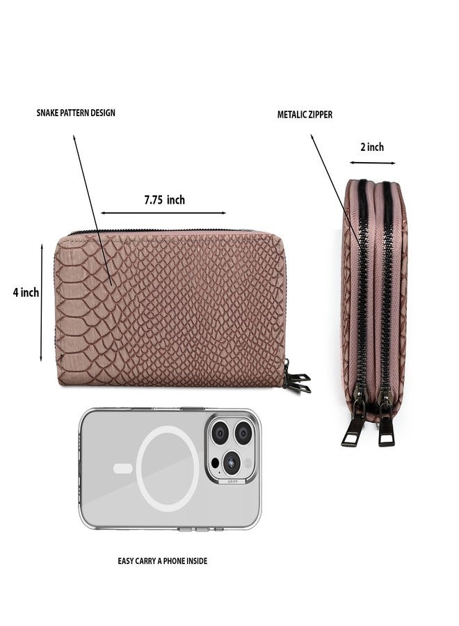 ALSU Women’s Luxury Vegan Leather Zip-Around Wallet | 6 Card Slots, Dual Zipper Compartments, Phone & Currency Holder | Designer Snake-Texture Purse for Women | Elegant Gift for Ladies (Peach) - Image 4