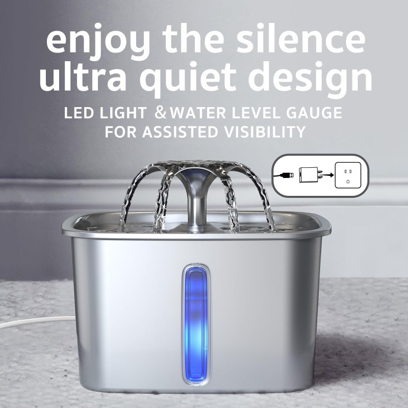 Veken Innovation Award Winner Stainless Steel Cat Water Fountain, 95oz/2.8L Automatic Pet Fountain Dog Water Dispenser with Replacement Filters & Silicone Mat, Gifts for Cats, Dogs (Silver) - Image 5