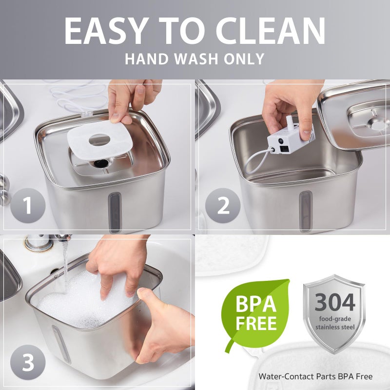 Veken Innovation Award Winner Stainless Steel Cat Water Fountain, 95oz/2.8L Automatic Pet Fountain Dog Water Dispenser with Replacement Filters & Silicone Mat, Gifts for Cats, Dogs (Silver) - Image 2