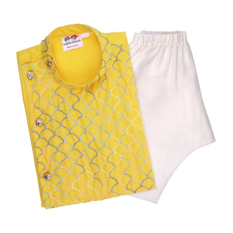 superminis Baby Boys Cotton Side Open Embroidery Kurta and White Pyjama Set (3-4 Years, Yellow) - Image 1