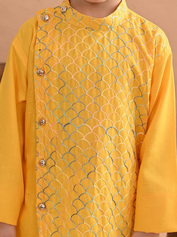 superminis Baby Boys Cotton Side Open Embroidery Kurta and White Pyjama Set (3-4 Years, Yellow) - Image 5