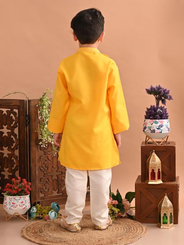 superminis Baby Boys Cotton Side Open Embroidery Kurta and White Pyjama Set (3-4 Years, Yellow) - Image 3
