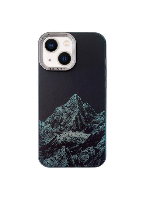 For iPhone 13 2 in 1 Aurora Electroplating Frame Phone Case(Snowy Mountains Black)