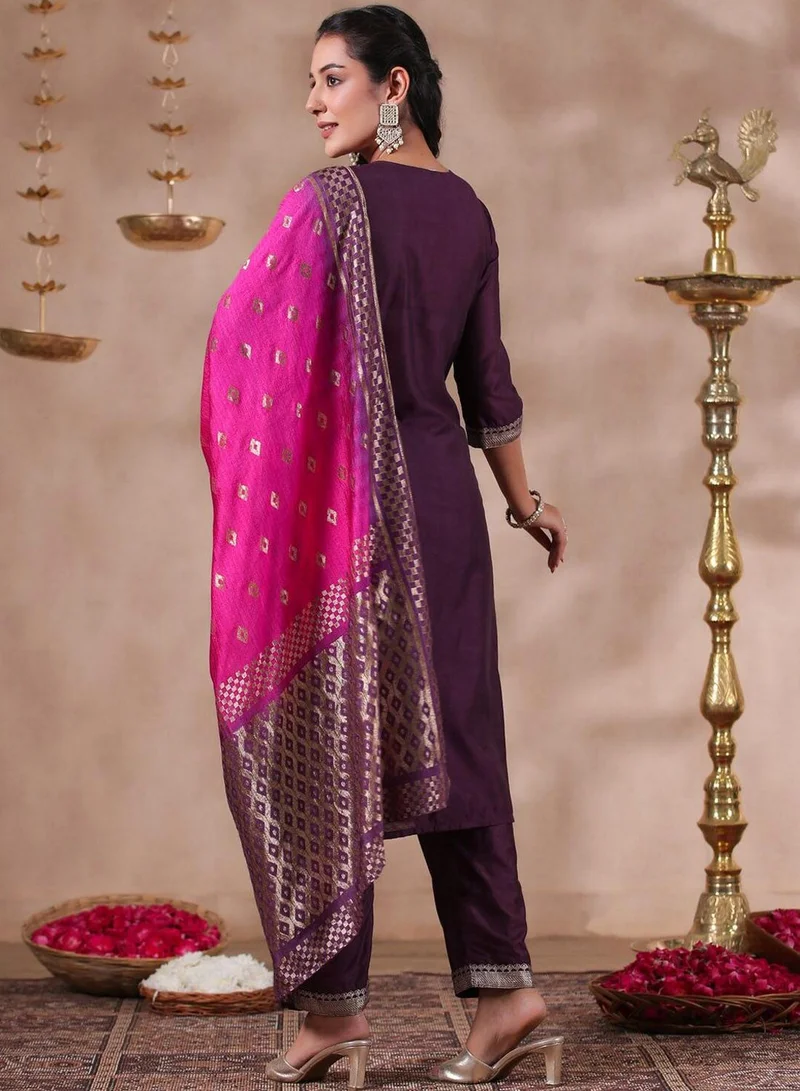 آي شين Women's Purple Polyester Blend Self Design Full Length Palazzo Kurta Set