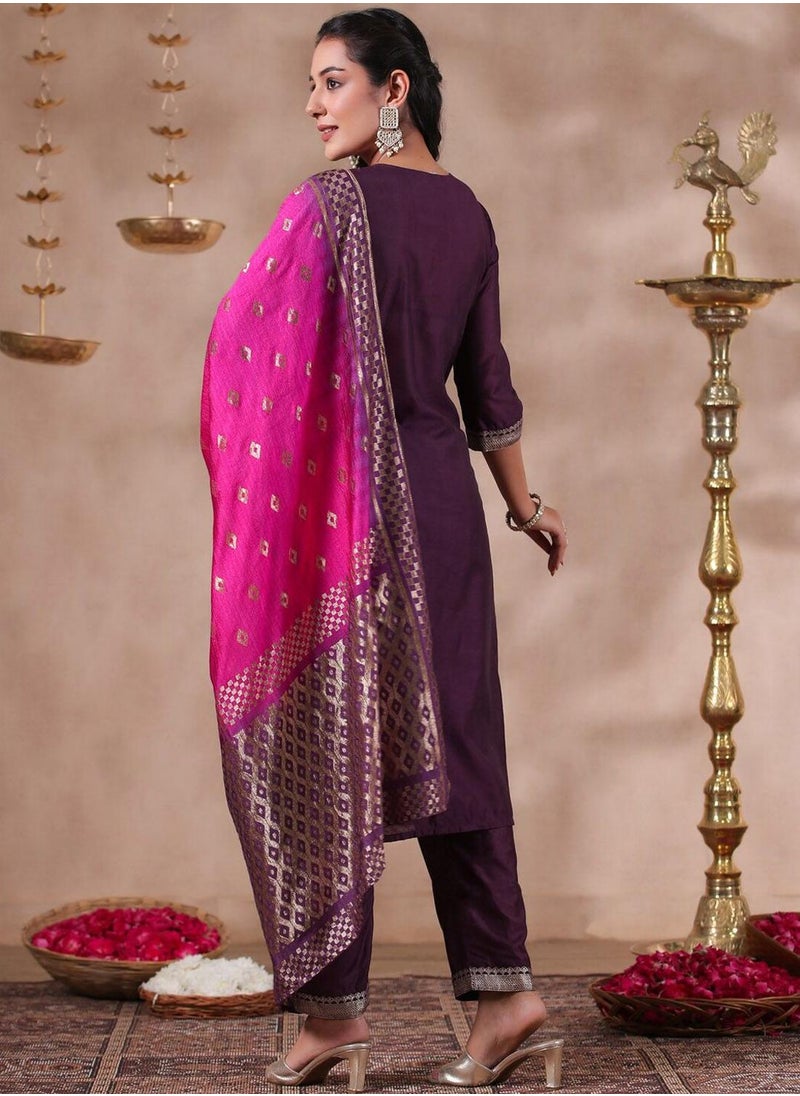 ISHIN Women's Purple Polyester Blend Self Design Full Length Palazzo Kurta Set  - Image 5