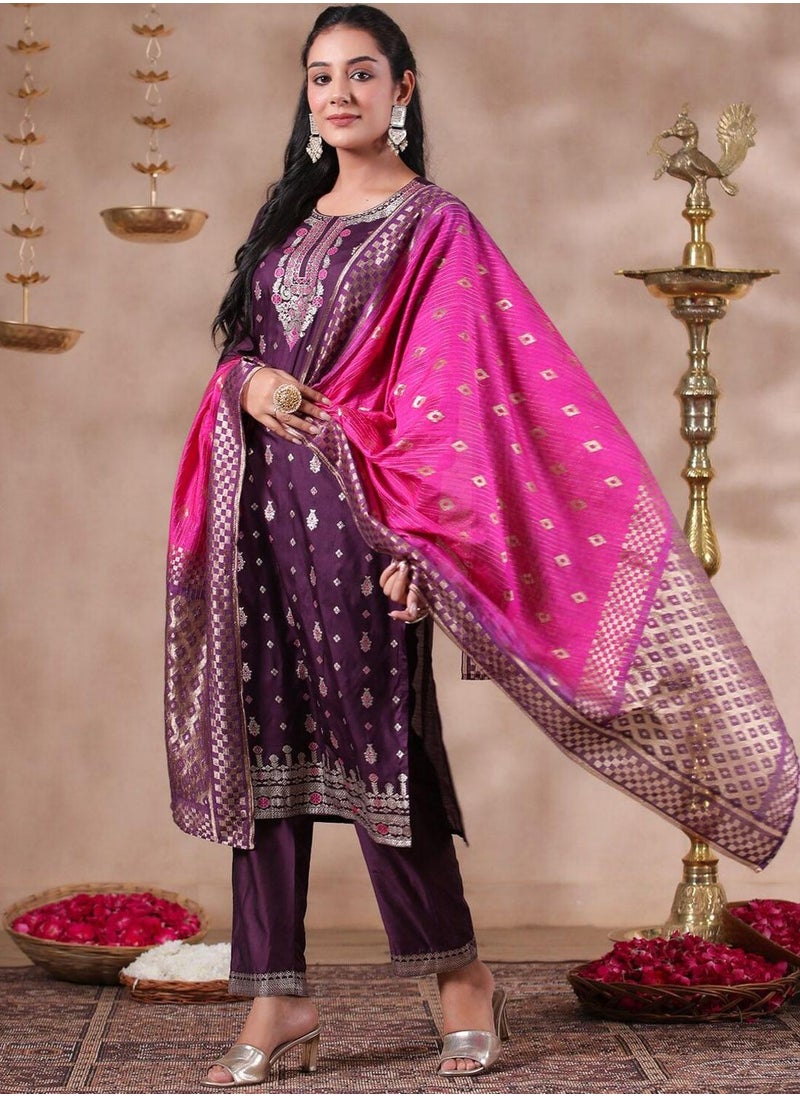 ISHIN Women's Purple Polyester Blend Self Design Full Length Palazzo Kurta Set  - Image 3